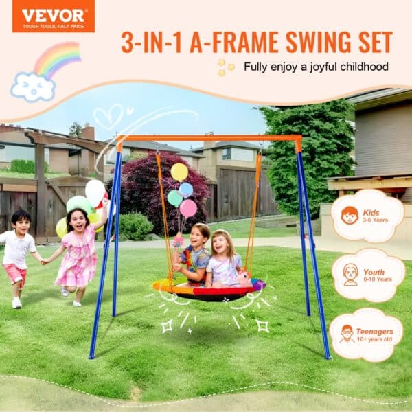 VEVOR swing set on green lawn with kids playing, three children on swing, colorful balloons in background.