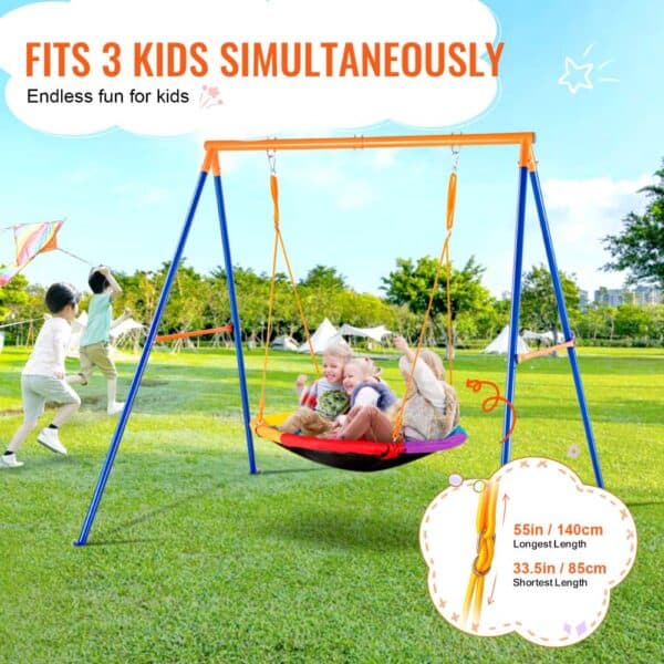 children enjoying a VEVOR swing set in a park, surrounded by lush greenery and bright skies.