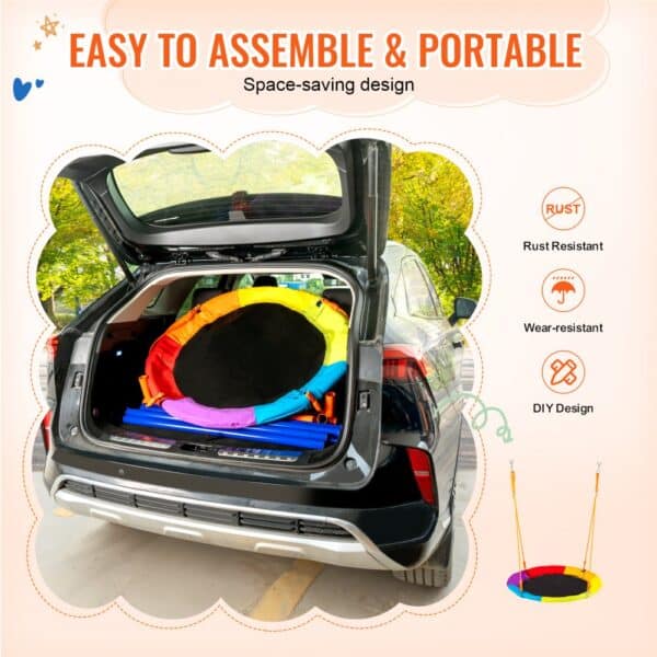 VEVOR swing set, easy to assemble and portable, rainbow-colored pieces fit in a car trunk.