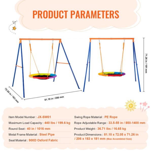 VEVOR swing set with steel frame, 40-inch round seat, 440 lbs load capacity, and adjustable pe rope.