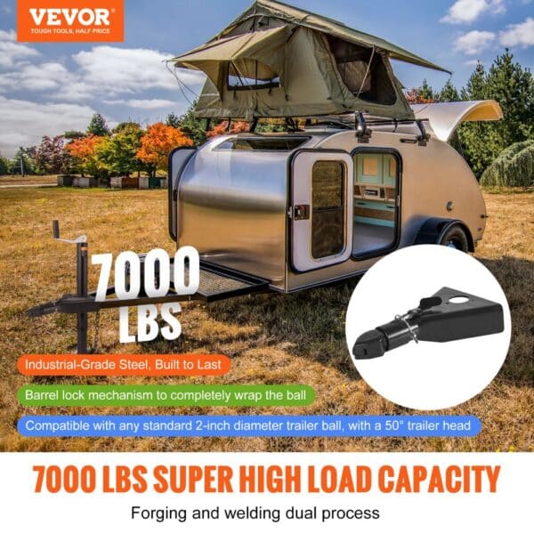 VEVOR a-frame trailer coupler with 7000 lbs load capacity and industrial-grade steel for durability.