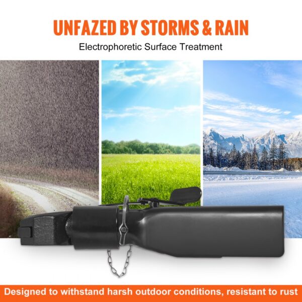 VEVOR a-frame trailer coupler with electrophoretic surface treatment, unfazed by storms, sun, and snow.