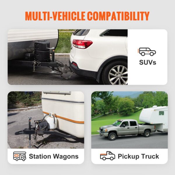 VEVOR a-frame trailer coupler for suvs, station wagons, and pickup trucks showcasing compatibility.