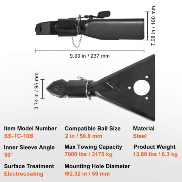 VEVOR a-frame trailer coupler, steel, compatible ball size 2in, max towing capacity 7000 lbs.