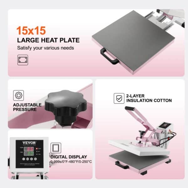 VEVOR Heat Press Machine 15x15 in Slide Out Heat Transfer Machine T-Shirts Pink