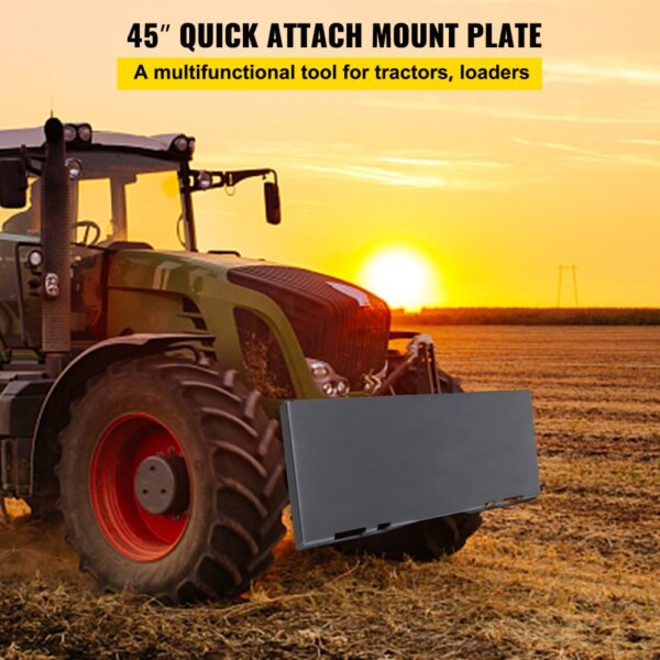 tractor with VEVOR skid steer mount plate at sunset in a field.