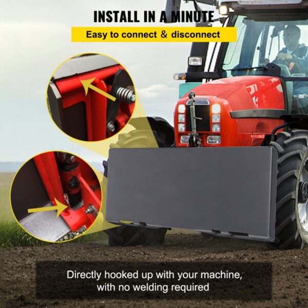 VEVOR skid steer mount plate easily connects to a red tractor with no welding required.