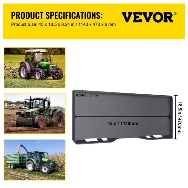 VEVOR skid steer mount plate with tractors in various agricultural settings.