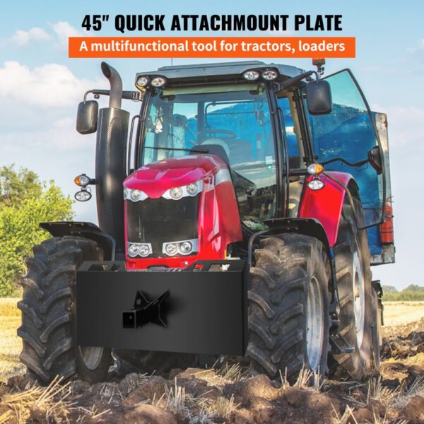 red tractor equipped with a 45" VEVOR quick tach attachment on farmland.