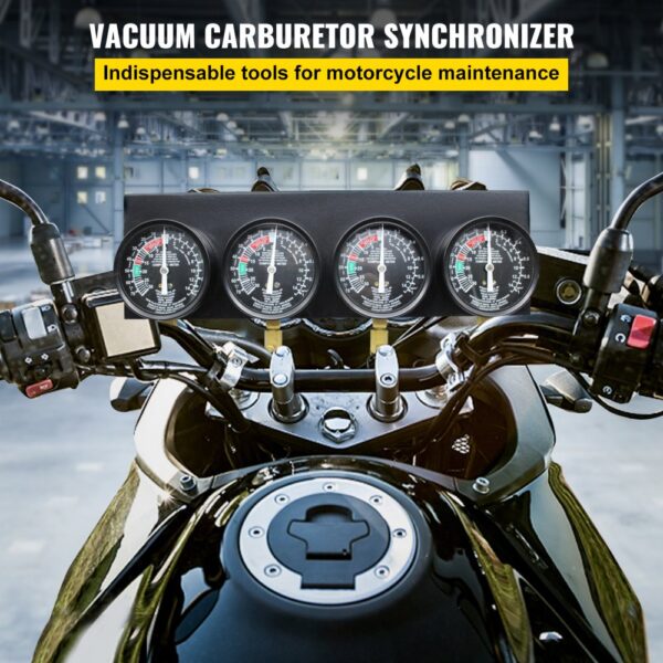 VEVOR carburetor synchronizer setup on a motorcycle in a garage.