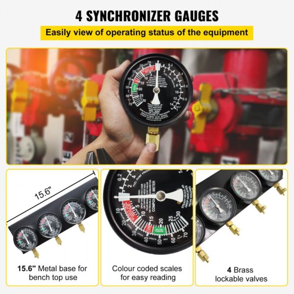 hand holding synchronizer gauge with VEVOR carburetor synchronizer, brass lockable valves.