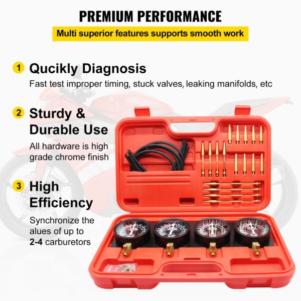 red case with gauges and attachments for VEVOR carburetor synchronizer.