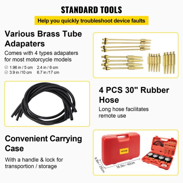 various brass tube adapters, 4 pcs 30" rubber hose, and carrying case for VEVOR carburetor synchronizer