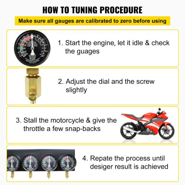 VEVOR carburetor synchronizer tuning steps with motorcycle illustration and gauge images.