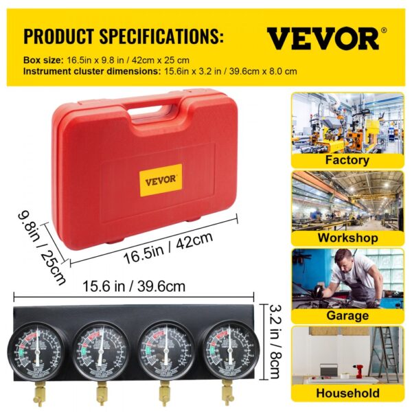 VEVOR carburetor synchronizer, specs: box 16.5in x 9.8in, cluster 15.6in x 3.2in.