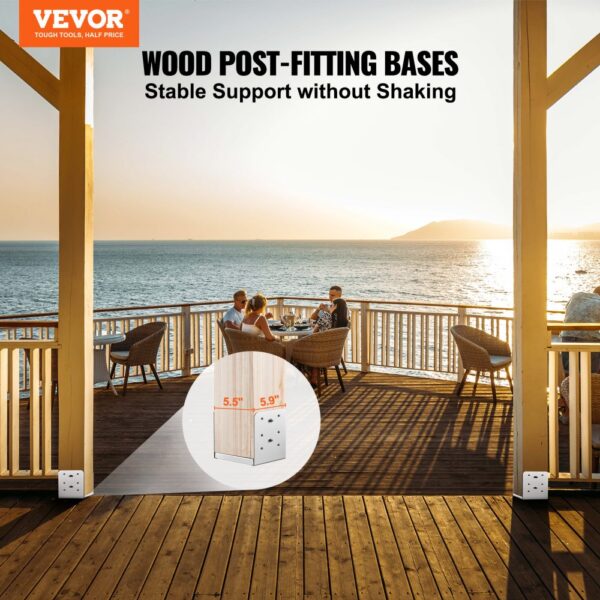 VEVOR adjustable post base for stable wood posts on a sunny deck with ocean view.