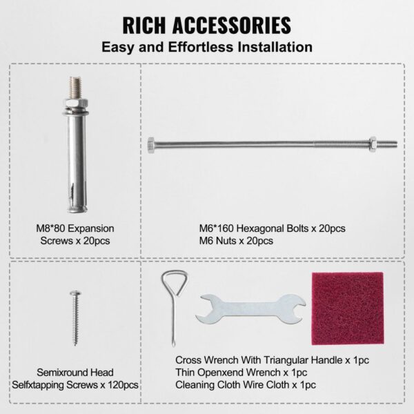 rich accessories including expansion screws, hexagonal bolts, nuts, wrenches, and cleaning cloth for VEVOR adjustable post base.