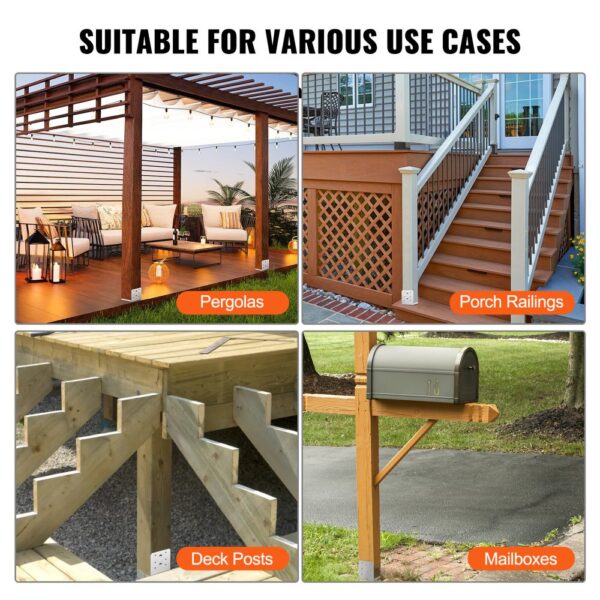 VEVOR adjustable post base used for pergolas, porch railings, deck posts, and mailboxes.