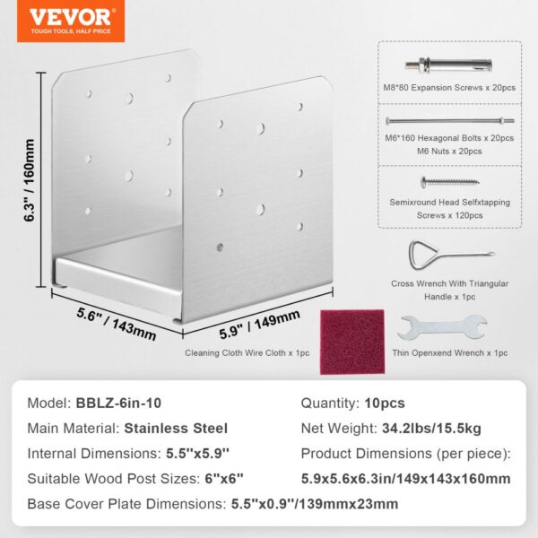 VEVOR adjustable post base with stainless steel construction, includes screws, wrenches, and cleaning cloth.