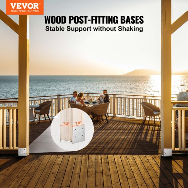 VEVOR post base supports deck railing overlooking the ocean at sunset.