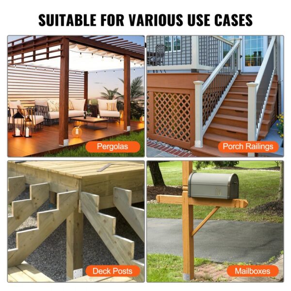 VEVOR post base examples: pergolas, porch railings, deck posts, and mailboxes. suitable for various uses.