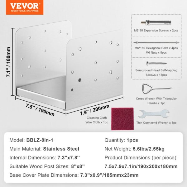 VEVOR post base stainless steel bracket with dimensions, cleaning cloth, wrenches, and screws shown.