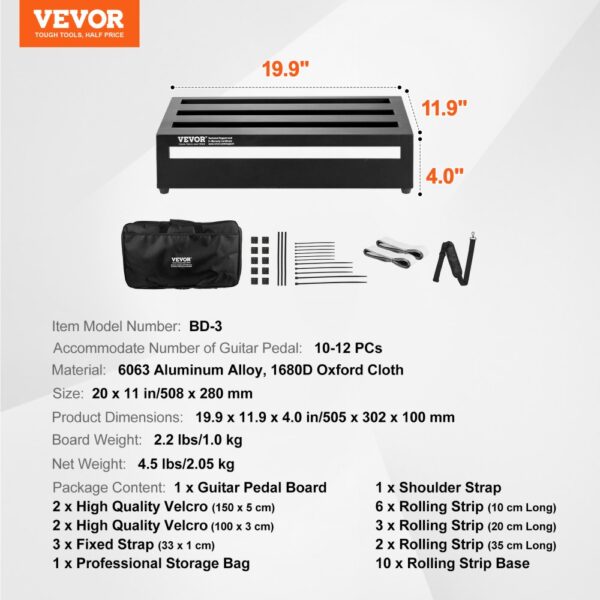 VEVOR guitar pedal board with dimensions, storage bag, velcro strips, fixed strap, and shoulder strap.