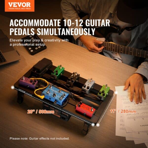 VEVOR guitar pedal board setup with brightly colored pedals, dimensions 20"x11", suitable for 10-12 pedals.