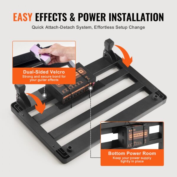 VEVOR guitar pedal board with dual-sided velcro and bottom power room for secure setup.