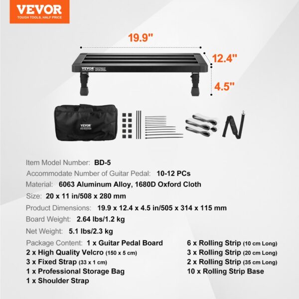 VEVOR guitar pedal board, dimensions 19.9"x12.4"x4.5", storage bag, velcro straps, and accessories included.