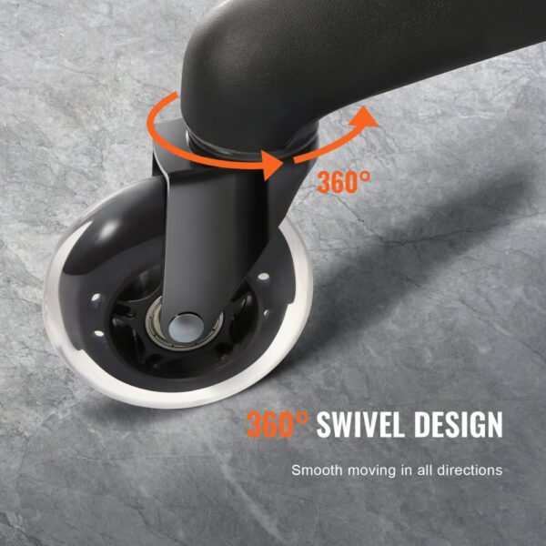 VEVOR office chair wheels with 360° swivel design for smooth movement on a grey tile floor.