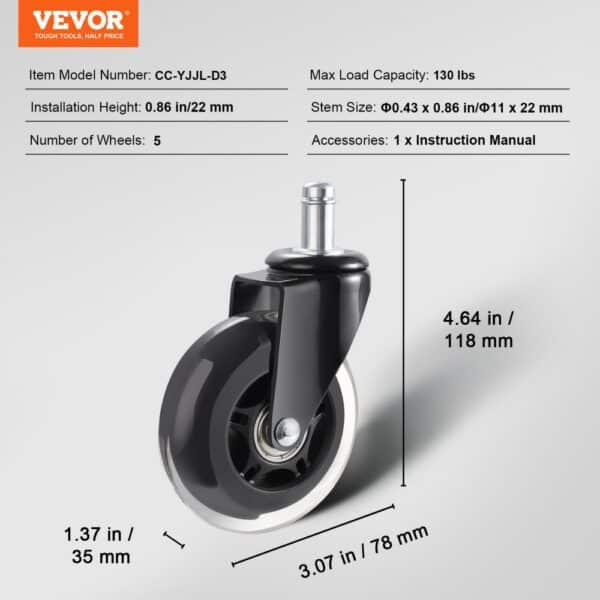 VEVOR office chair wheels, set of 5, black base, measurements and load details on a white background.