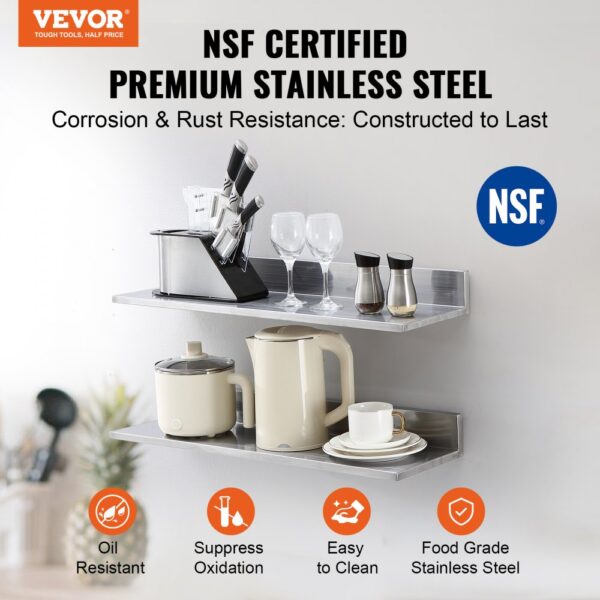 VEVOR stainless steel shelf with kitchen items, nsf certified, oil resistant, easy to clean, premium quality.