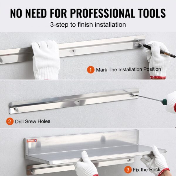 installing VEVOR stainless steel shelf in three steps: mark position, drill holes, fix the rack.