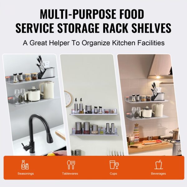 multipurpose kitchen shelves showcasing various items like seasonings, tablewares, cups, and beverages. VEVOR stainless steel shelf.