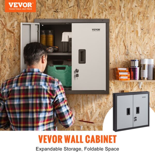 VEVOR foldable wall cabinet with man organizing tools, showcasing expandable storage on a wooden wall.