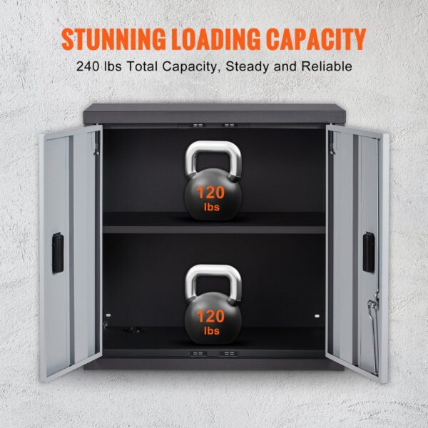 VEVOR foldable wall cabinet with 240 lbs capacity, displaying two 120 lbs kettlebells inside.