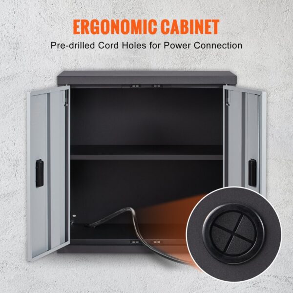 VEVOR foldable wall cabinet with open doors, shelf, and pre-drilled cord holes for power connection.