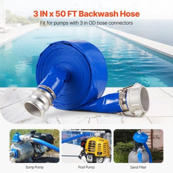 VEVOR Backwash Hose 3 in x 50 ft Blue High Quality Hose Complete Fittings