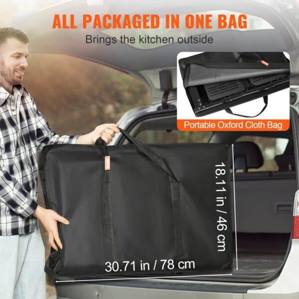 car trunk with VEVOR camping kitchen table stored in a portable oxford cloth bag, dimensions 30.71"x18.11".