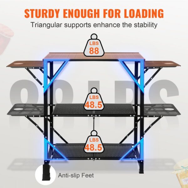 VEVOR camping kitchen table with three shelves, triangular supports, and anti-slip feet for stability.