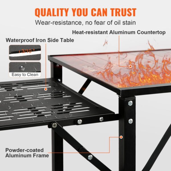 VEVOR camping kitchen table with heat-resistant aluminum countertop, waterproof iron side table, sturdy frame.