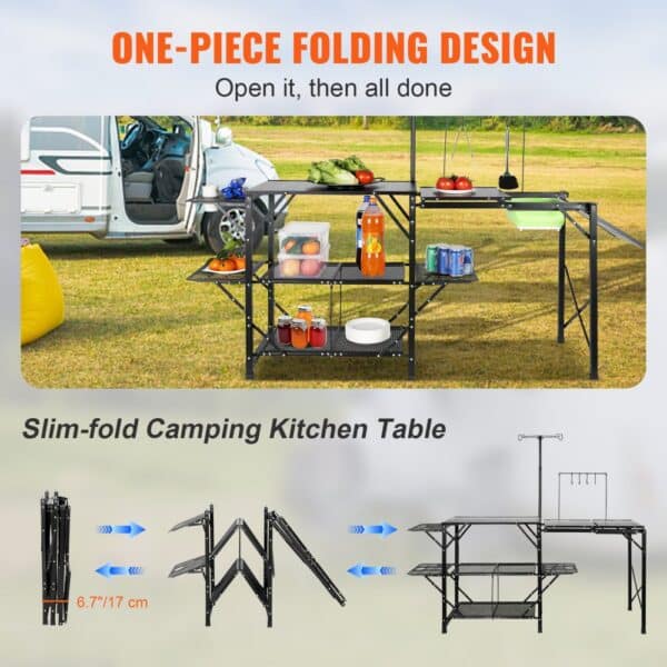 VEVOR camping kitchen table showcasing one-piece folding design with storage shelves and hanging rack.