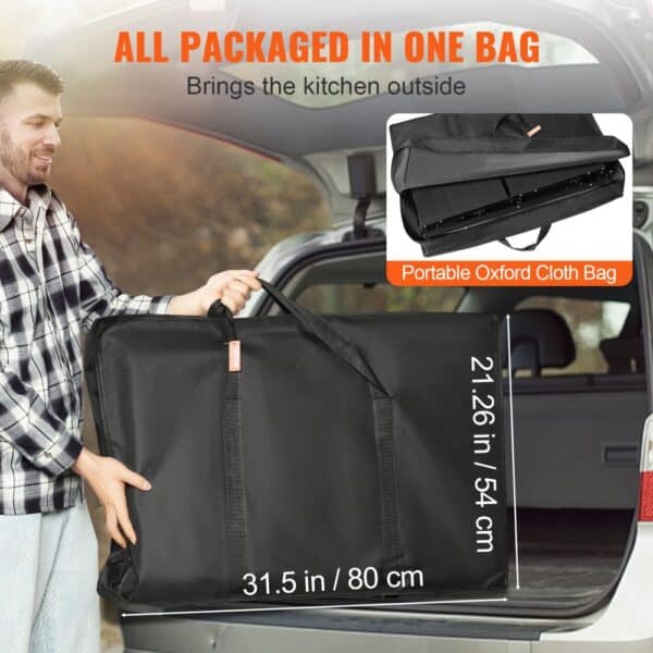 VEVOR camping kitchen table in a portable oxford cloth bag measuring 80 cm by 54 cm, fitting in a car.