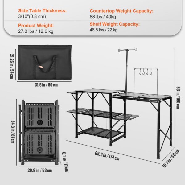 VEVOR camping kitchen table with carry bag, foldable design, and detailed dimensions for outdoor use.