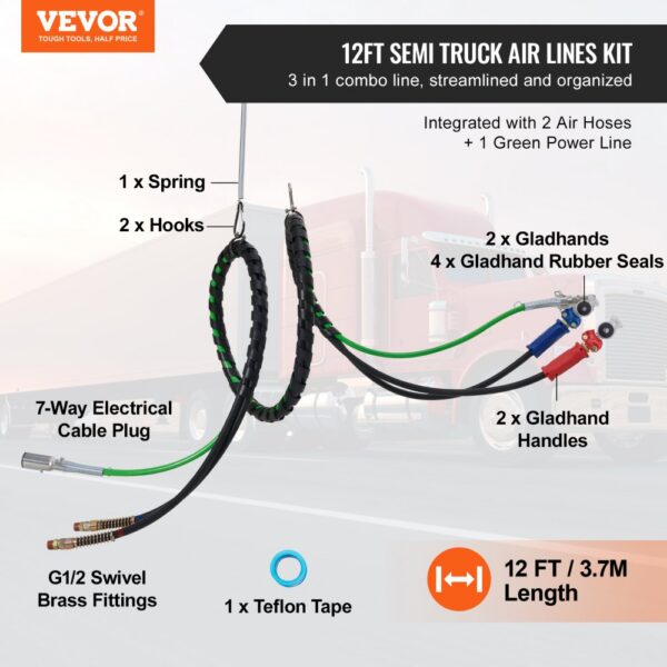 VEVOR semi truck air lines kit with 3-in-1 combo, 12ft, includes air hoses, green power line, and cable plug.