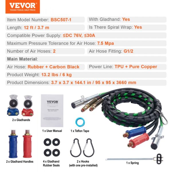 VEVOR semi truck air lines kit, 12 ft rubber air hose, gladhands, seals, hooks, spring, user manual.