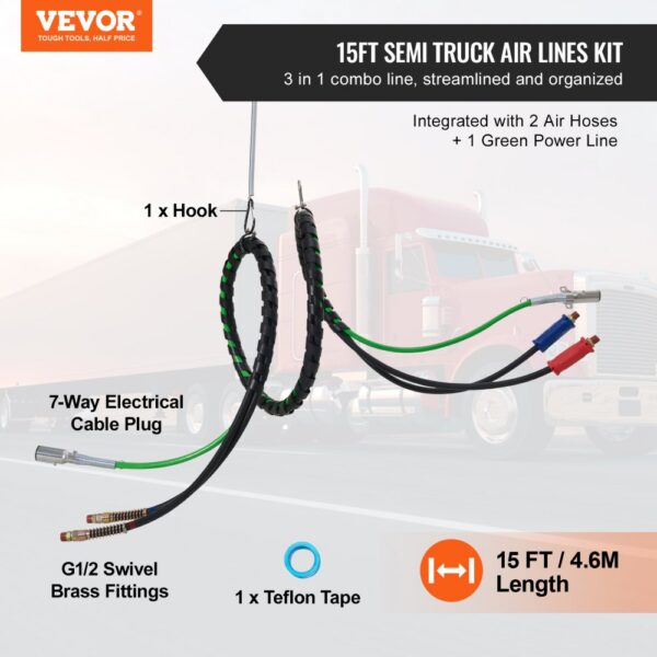 VEVOR semi truck air lines kit with 7-way electrical plug, brass fittings, and teflon tape, on semi truck.