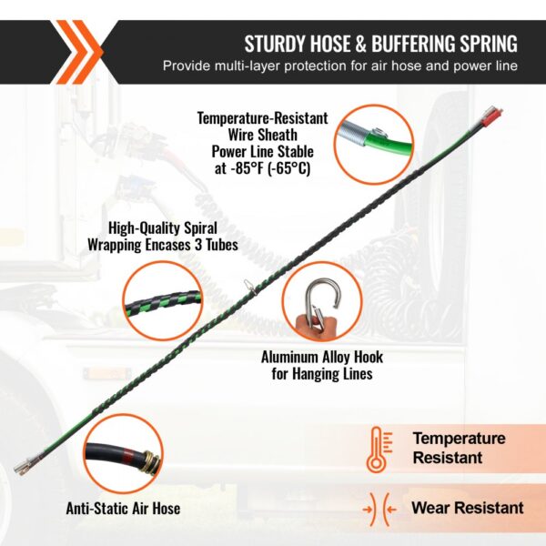 VEVOR semi truck air lines kit with anti-static air hose, spiral wrapping, and aluminum alloy hook.