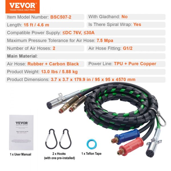 VEVOR semi truck air lines kit displayed with product details, 15 ft rubber hoses, hooks, and teflon tape included.